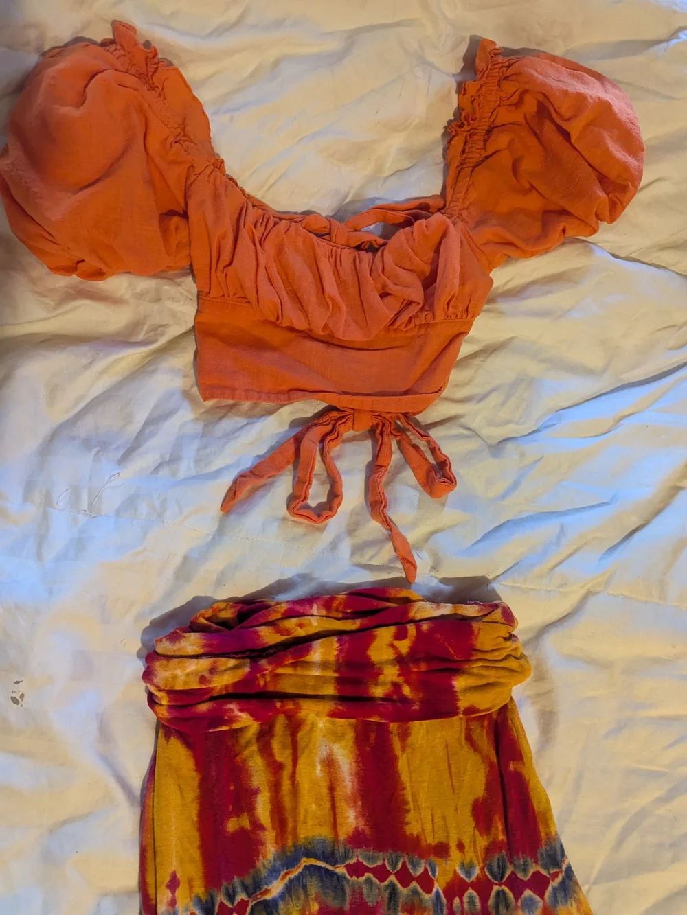 2 FOR 1!!! India Boutique Orange Puff-Sleeve Crop Top with Tie-Dye Skirt Set